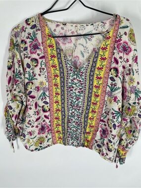 lovestitch Floral V-Neck Cropped Top - Pink, Yellow, Green